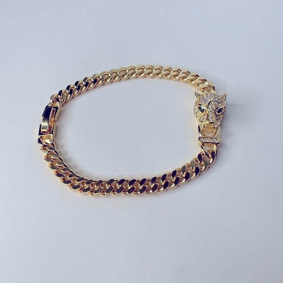 Pave Cougar Head Gold Cuban Chain Bracelet - Picture 1 of 8